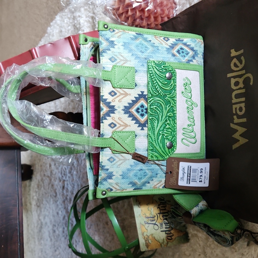 Wrangler Aqua and Lime Aztec-Print Tote with Lime Trim